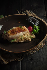Meat steak with pearl barley . catering menu