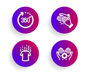 Clapping hands, 360 degrees and Dry t-shirt icons simple set. Halftone dots button. Employee hand sign. Clap, Panoramic view, Laundry shirt. Work gear. Business set. Vector