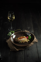 Meat steak with pearl barley . catering menu