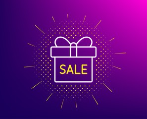 Gift box line icon. Halftone pattern. Present or Sale sign. Birthday Shopping symbol. Package in Gift Wrap. Gradient background. Sale offer line icon. Yellow halftone pattern. Vector
