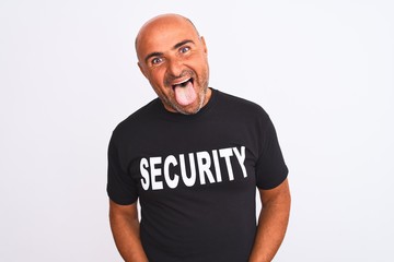 Middle age safeguard man wearing security uniform standing over isolated white background sticking...
