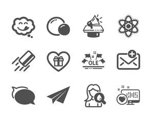 Set of Business icons, such as Talk bubble, Paper plane, Ole chant, Moisturizing cream, Yummy smile, Credit card, Chemistry atom, Megaphone, New mail, Heart, Peas, Romantic gift. Vector