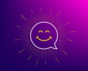 Smile face line icon. Halftone pattern. Happy emoticon chat sign. Speech bubble symbol. Gradient background. Smile face line icon. Yellow halftone pattern. Vector