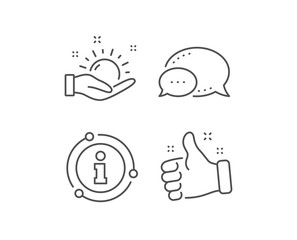 Sunny weather forecast line icon. Chat bubble, info sign elements. Hold summer sun sign. Linear sunny weather outline icon. Information bubble. Vector
