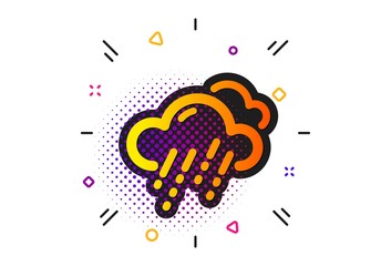 Clouds with rain sign. Halftone circles pattern. Rainy weather forecast icon. Cloudy sky symbol. Classic flat rainy weather icon. Vector
