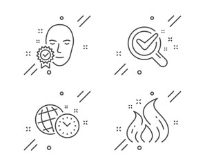 Time management, Chemistry lab and Face verified line icons set. Fire energy sign. World clock, Lab research, Access granted. Flame. Science set. Line time management outline icon. Vector