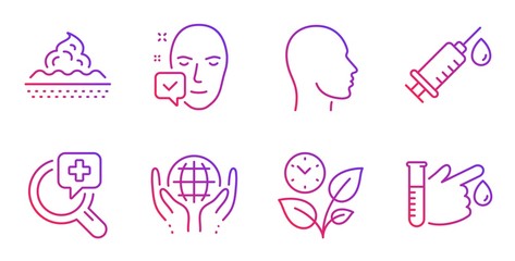 Medical syringe, Medical analyzes and Organic tested line icons set. Leaves, Head and Skin care signs. Face accepted, Blood donation symbols. Vaccination, Medicine. Healthcare set. Vector