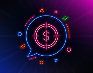 Target with Dollar line icon. Neon laser lights. Aim symbol. Cash or Money sign. Glow laser speech bubble. Neon lights chat bubble. Banner badge with dollar Target icon. Vector