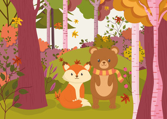 cute bear and fox in the forest hello autumn