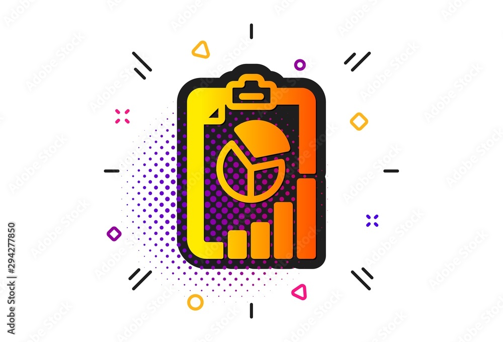 Poster column graph, pie chart sign. halftone circles pattern. report icon. market analytics symbol. classi