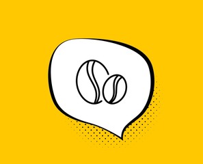 Coffee beans line icon. Comic speech bubble. Hot drink sign. Whole bean beverage symbol. Yellow background with chat bubble. Coffee beans icon. Colorful banner. Vector