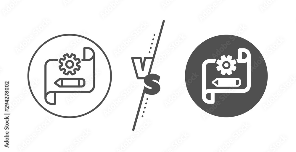 Poster engineering tool sign. versus concept. cogwheel blueprint line icon. edit settings symbol. line vs c