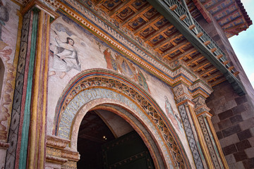 Exterior facade of the Barroque-style church of Andahuaylillas, near Cusco, Peru