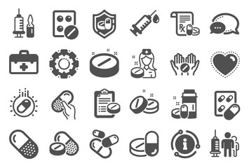 Medical drugs icons. Healthcare, Prescription and Pill signs. Pharmacy drugs, medical nurse, recipe pill icons. Antibiotic capsule, syringe vaccination, medicine cure. Quality set. Vector