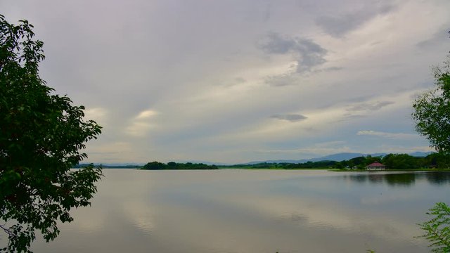 4K time lapse video of sunset at Chiang Saen lake, Thailand.