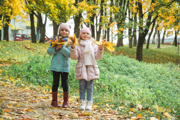 Two cousins of five years in the autumn park