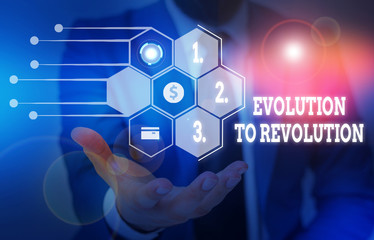 Writing note showing Evolution To Revolution. Business concept for adapting to way of living for creatures and huanalysiss Male wear formal suit presenting presentation smart device