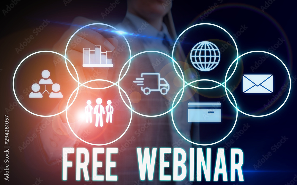 Poster writing note showing free webinar. business concept for free workshop or seminar that is transmitted