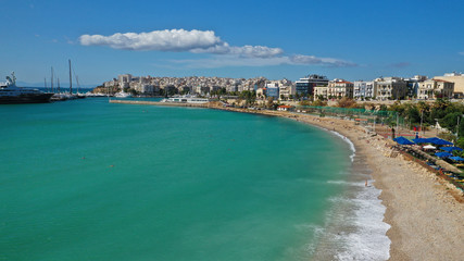 Fototapeta premium Aerial photo of Piraeus riviera sandy beach next to famous Marina Zeas, Attica, Greece