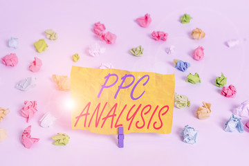 Word writing text Ppc Analysis. Business photo showcasing internet advertising model used to drive traffic to websites Colored crumpled papers empty reminder white floor background clothespin