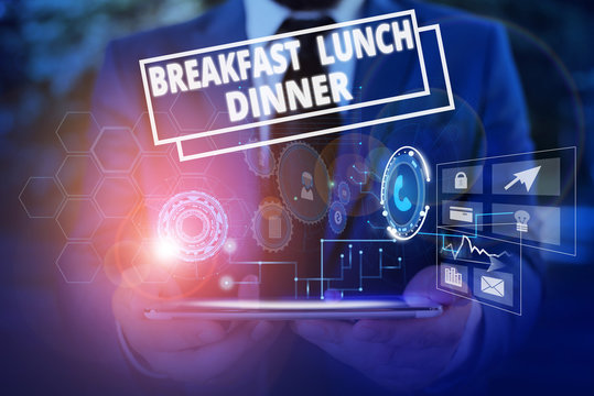 Conceptual hand writing showing Breakfast Lunch Dinner. Concept meaning eating your meals at different period of day Male wear formal suit presenting presentation smart device