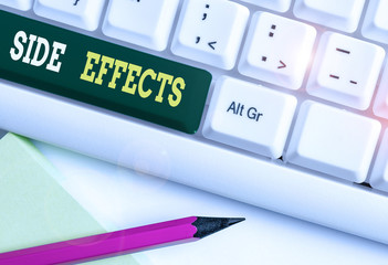 Conceptual hand writing showing Side Effects. Concept meaning secondary undesirable effect of a drug or medical treatment White pc keyboard with note paper above the white background