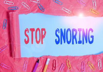 Text sign showing Stop Snoring. Business photo showcasing noisy breathing during sleep due to...