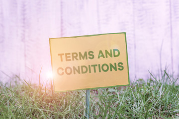 Handwriting text writing Terms And Conditions. Conceptual photo rules that apply to fulfilling a particular contract Plain empty paper attached to a stick and placed in the green grassy land