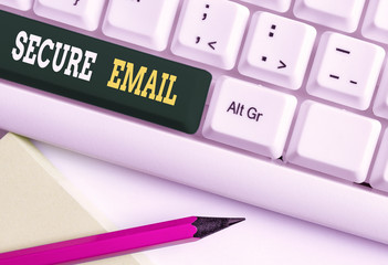 Conceptual hand writing showing Secure Email. Concept meaning protect the email content from being read by unwanted entities White pc keyboard with note paper above the white background