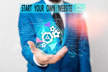 Word writing text Start Your Own Website. Business photo showcasing serve as Extension of a Business Card a Personal Site Male human wear formal work suit presenting presentation using smart device