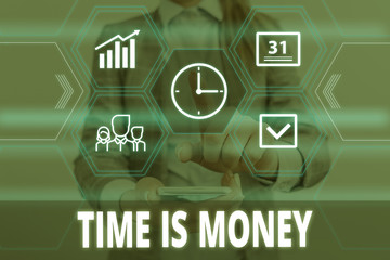 Fototapeta na wymiar Writing note showing Time Is Money. Business concept for time is a valuable resource Do things as quickly as possible Woman wear formal work suit presenting presentation using smart device