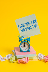 Text sign showing I Love Who I Am And What I Do. Business photo showcasing High selfstem being...
