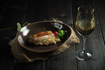 Meat steak with pearl barley . catering menu