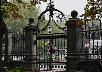Fototapeta premium Ornate Iron Gate Cement Pillars with Fall Leaves and Fog 