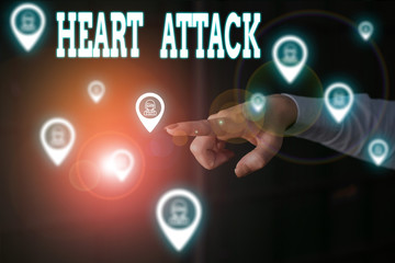 Writing note showing Heart Attack. Business concept for sudden and sometimes fatal occurrence of coronary thrombosis Woman wear formal work suit presenting presentation using smart device