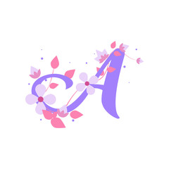 Violet A letter with flowers, alphabet illustration on white