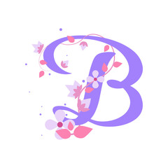 Violet B letter with flowers, alphabet illustration on white