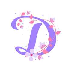 Violet D letter with flowers, alphabet illustration on white