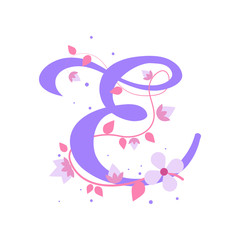 Violet E letter with flowers, alphabet illustration on white