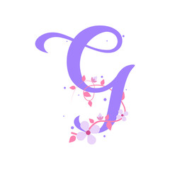 Violet G letter with flowers, alphabet illustration on white