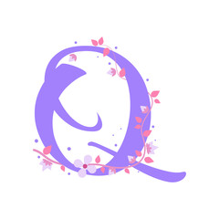 Violet Q letter with flowers, alphabet illustration on white