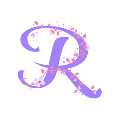 Violet R letter with flowers, alphabet illustration on white