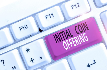 Word writing text Initial Coin Offering. Business photo showcasing crowdfunding using cryptocurrencies raising capital White pc keyboard with empty note paper above white background key copy space