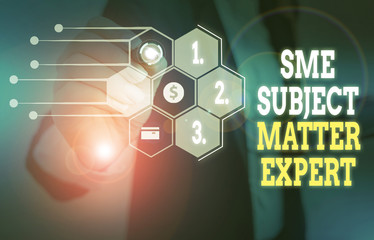 Text sign showing Sme Subject Matter Expert. Business photo text Authority in a particular area or topic Domain Woman wear formal work suit presenting presentation using smart device