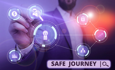 Word writing text Safe Journey. Business photo showcasing polite way of wishing someone a safe journey or Safe Travel Male human wear formal work suit presenting presentation using smart device