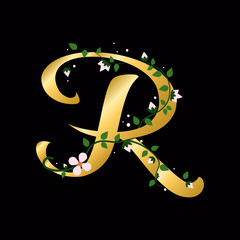 Gold R letter with flowers, alphabet illustration on black