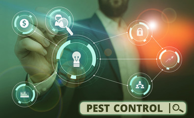 Word writing text Pest Control. Business photo showcasing analysisagement of a species that impacts adversely on huanalysis Male human wear formal work suit presenting presentation using smart device