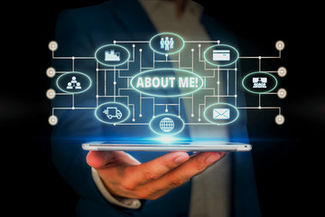Word writing text About Me. Business photo showcasing telling someone list of your good and bad traits and past events Male human wear formal work suit presenting presentation using smart device