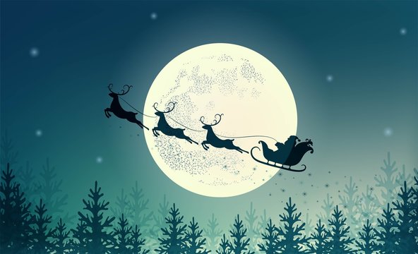 Santa Claus on sleigh with reindeer on background of full moon. Merry Christmas and happy New year. Design for holiday poster, banner, invitation, congratulations, greeting card.  Vector illustration