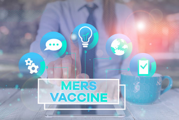 Word writing text Mers Vaccine. Business photo showcasing get dose to improve immunity to viral respiratory disease Female human wear formal work suit presenting presentation use smart device